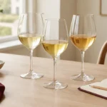 Drei Gläser Weißwein in unterschiedlichen Goldtönen mit Notizbuch auf einem Holztisch