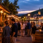 Weinfest am Rheinufer in der Abenddämmerung mit Lichterketten und Weinständen