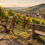 Fahrrad mit Korb am Weinbergweg in der Pfalz, daneben eine Holzbank, im Hintergrund ein Dorf
